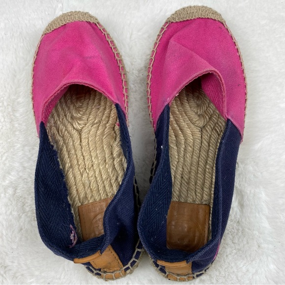 Tory Burch Pink & Navy Blue Canvas Espadrilles - Picture 7 of 8